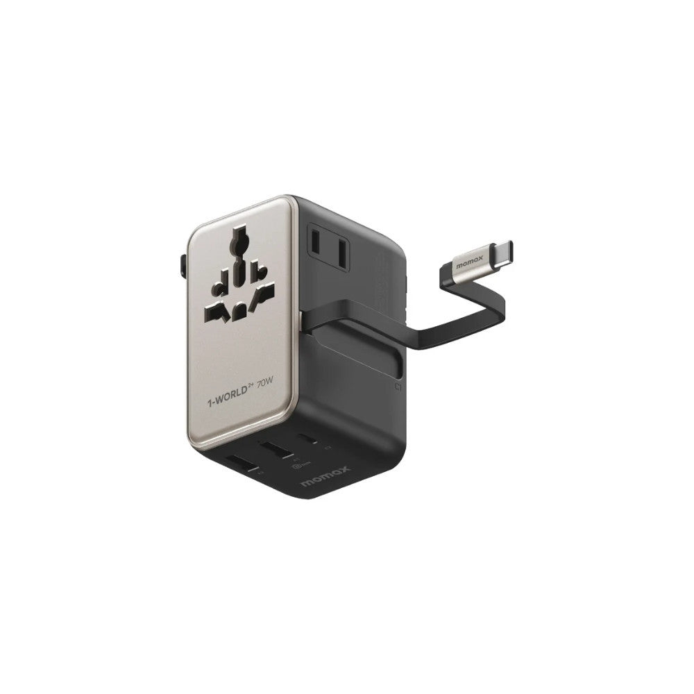 1-World²⁺
70W 3-Port Dual AC Travel Adapter with Built-In Retractable Cable