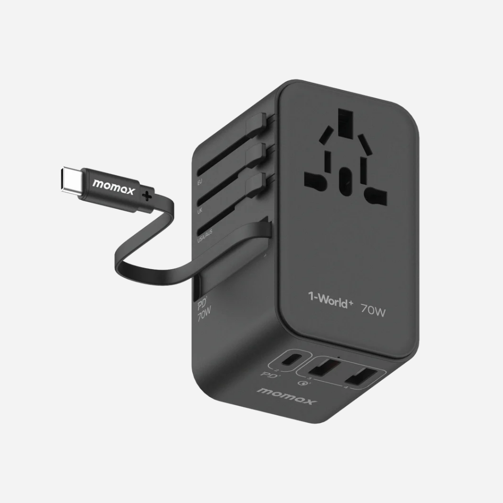 1-World 3-Port GaN + AC Travel Adapter 70W