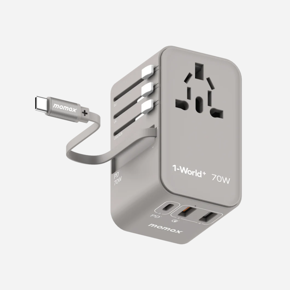 1-World 3-Port GaN + AC Travel Adapter 70W