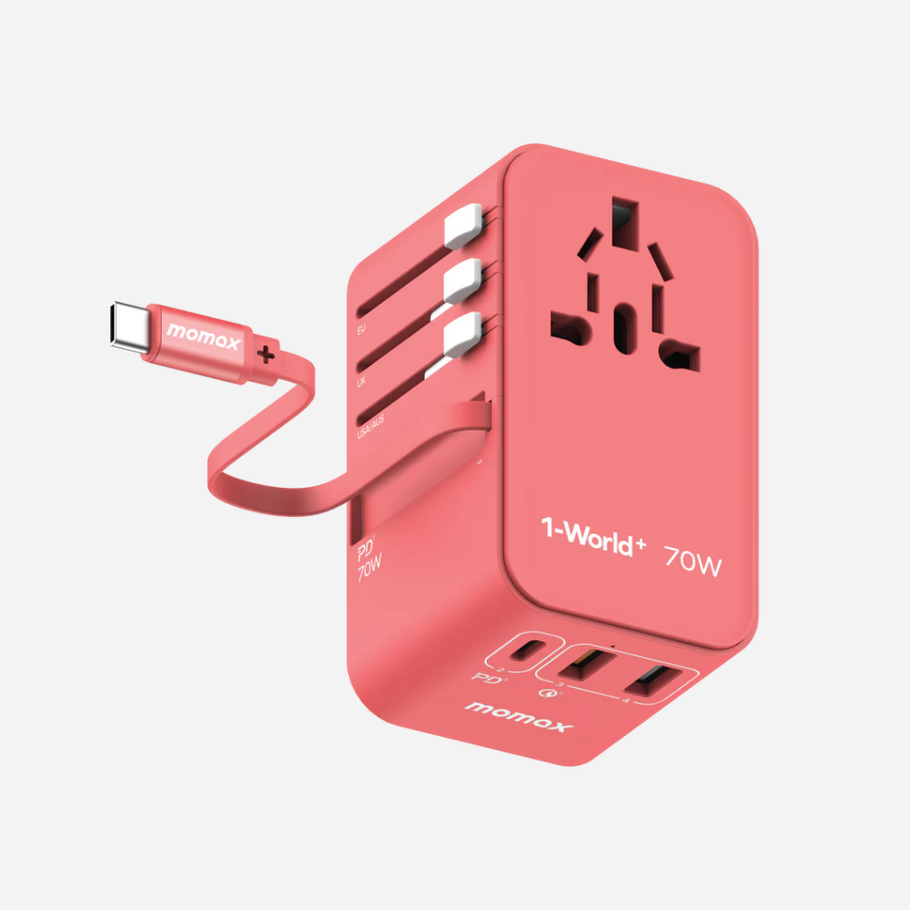 1-World 3-Port GaN + AC Travel Adapter 70W