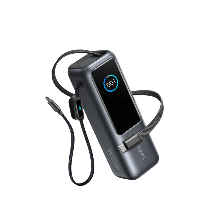 Power Bank 25000mAh with Built-In and Retractable Cable 165W - Gray