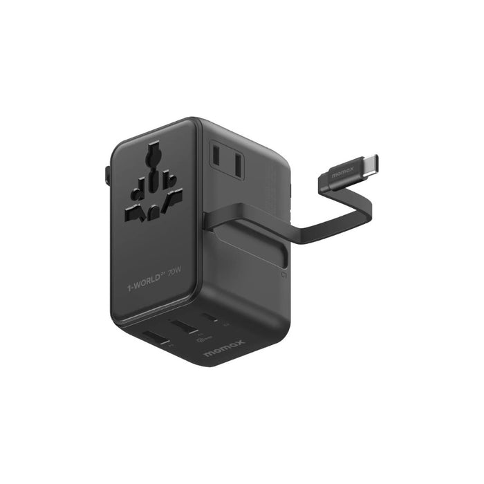 1-World²⁺ 70W 3-Port Dual AC Travel Adapter with Built-In Retractable Cable