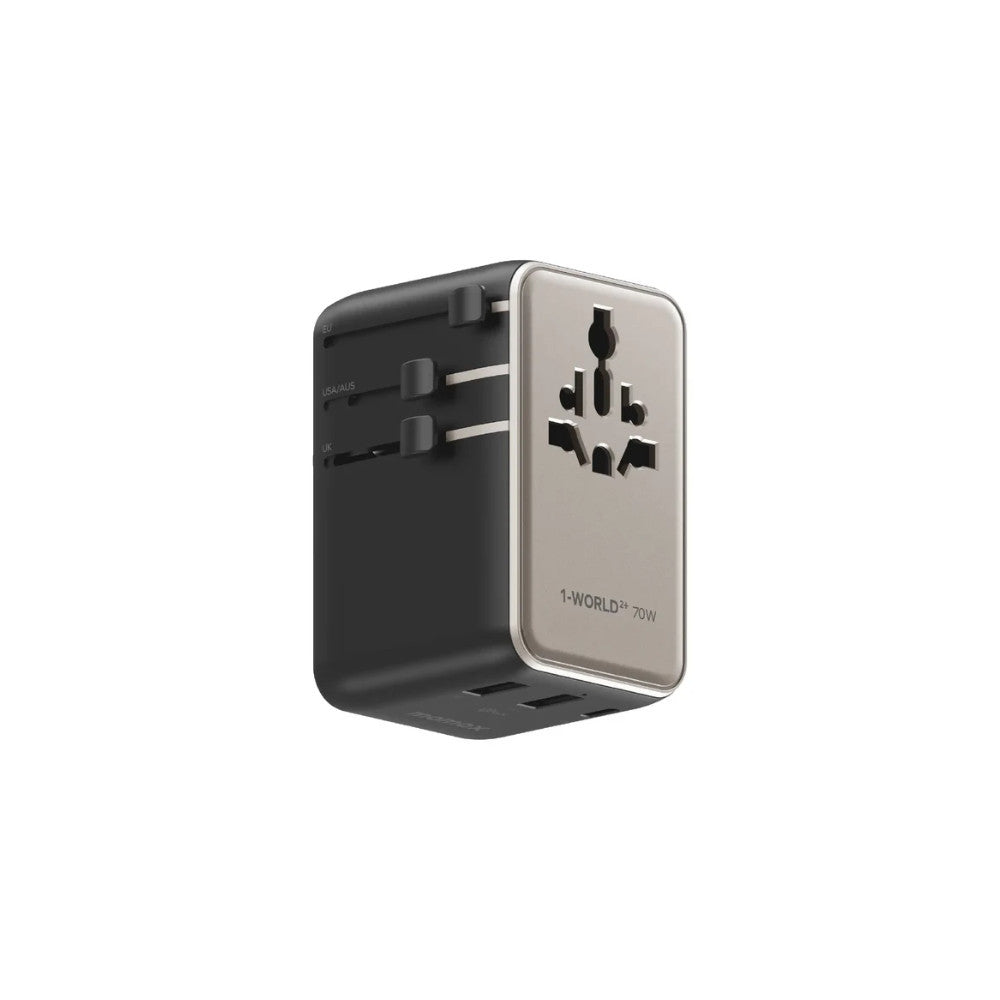 1-World²⁺ 70W 3-Port Dual AC Travel Adapter with Built-In Retractable Cable