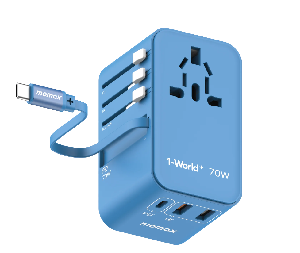 1-World 3-Port GaN + AC Travel Adapter 70W