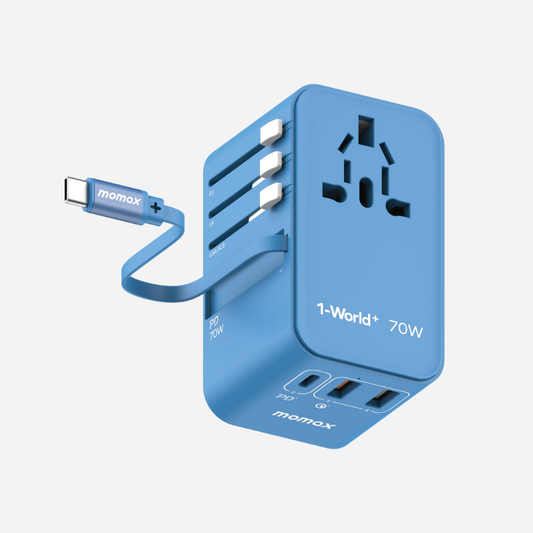 1-World 3-Port GaN + AC Travel Adapter 70W