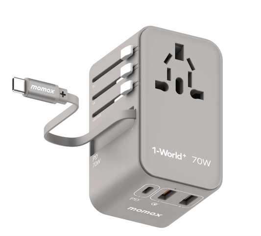 1-World 3-Port GaN + AC Travel Adapter 70W