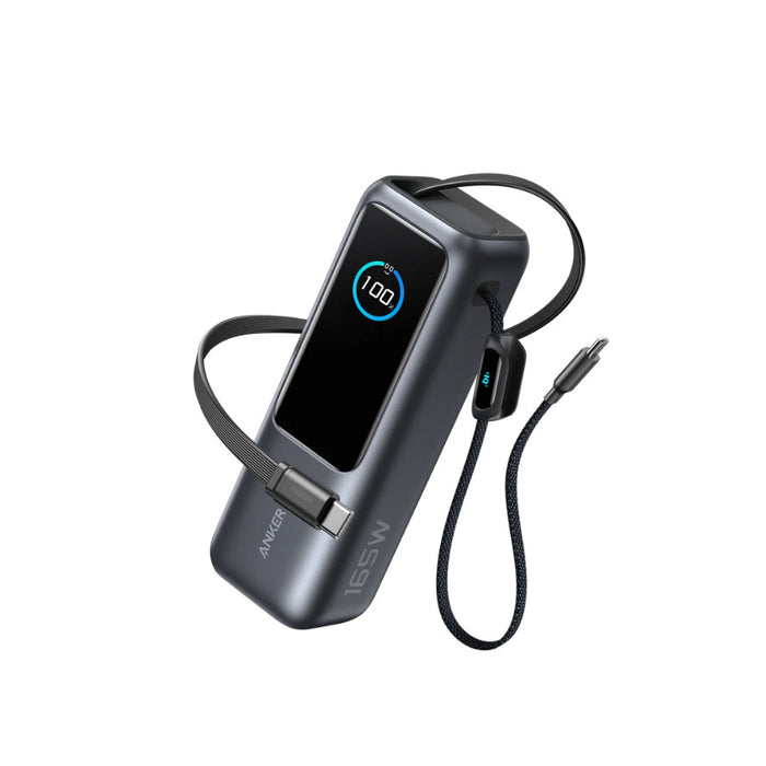 Power Bank 25000mAh with Built-In and Retractable Cable 165W - Gray